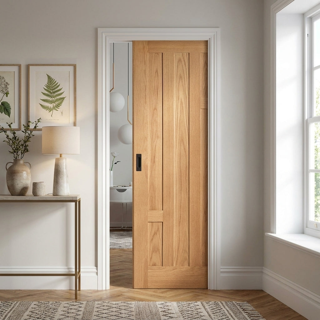 Pocket Door Set 100mm Internal Oak Fully Finished 5 Panel Stamford Design