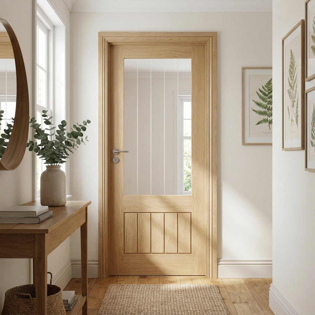 Internal Oak Door Unfinished 1 Panel 1 Light Obscure Lined Clear Glass