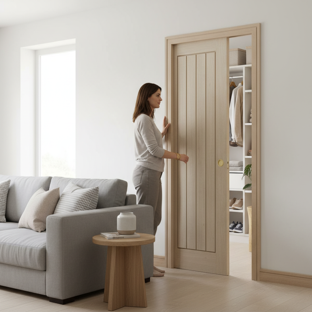 Premium Blonde Oak Pocket Door System with Galvanised Steel Frame for Space-Saving Design and Easy Installation