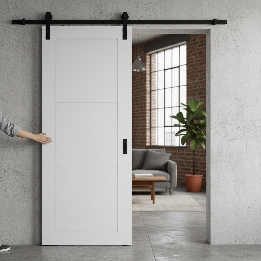 Premium Internal Primed 3 Panel Sliding Door with Black Top Mounted System for Modern Interiors