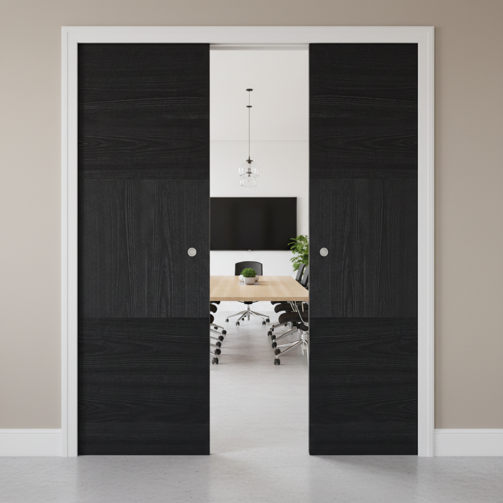 Premium Double Pocket Door Set with Charcoal Finish and Galvanised Steel Frame for Space-Saving Design