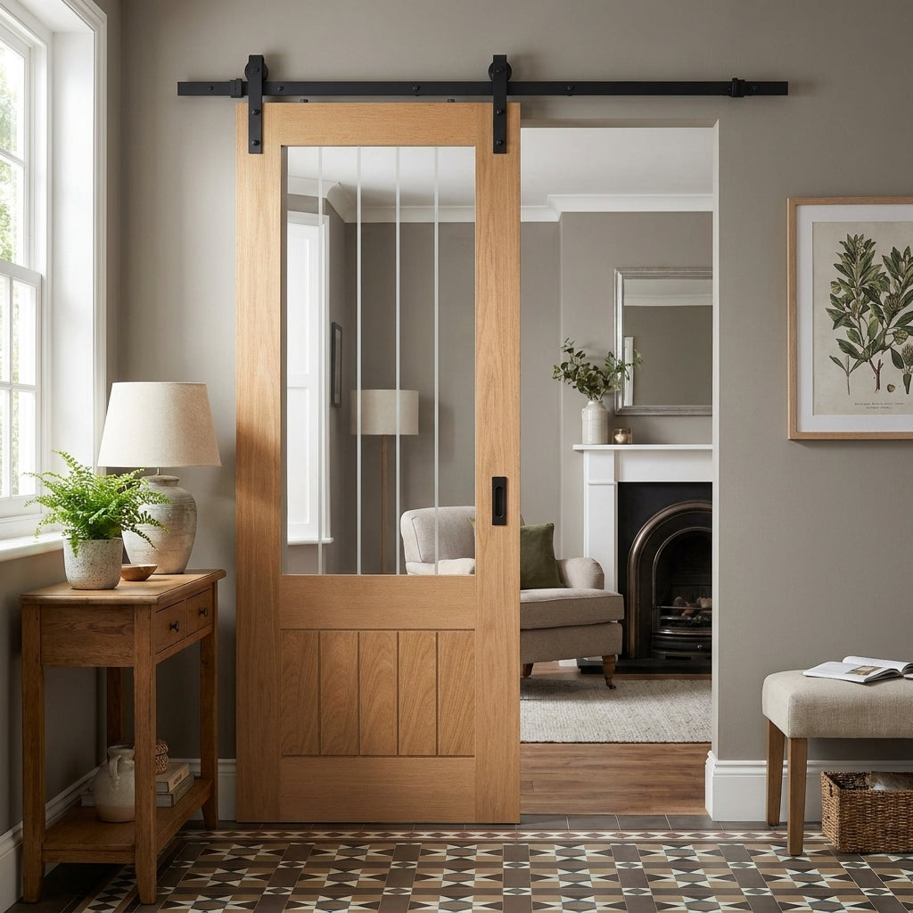 Internal Oak Sliding Door Fully Finished with 1 Light Obscure Glass Panel