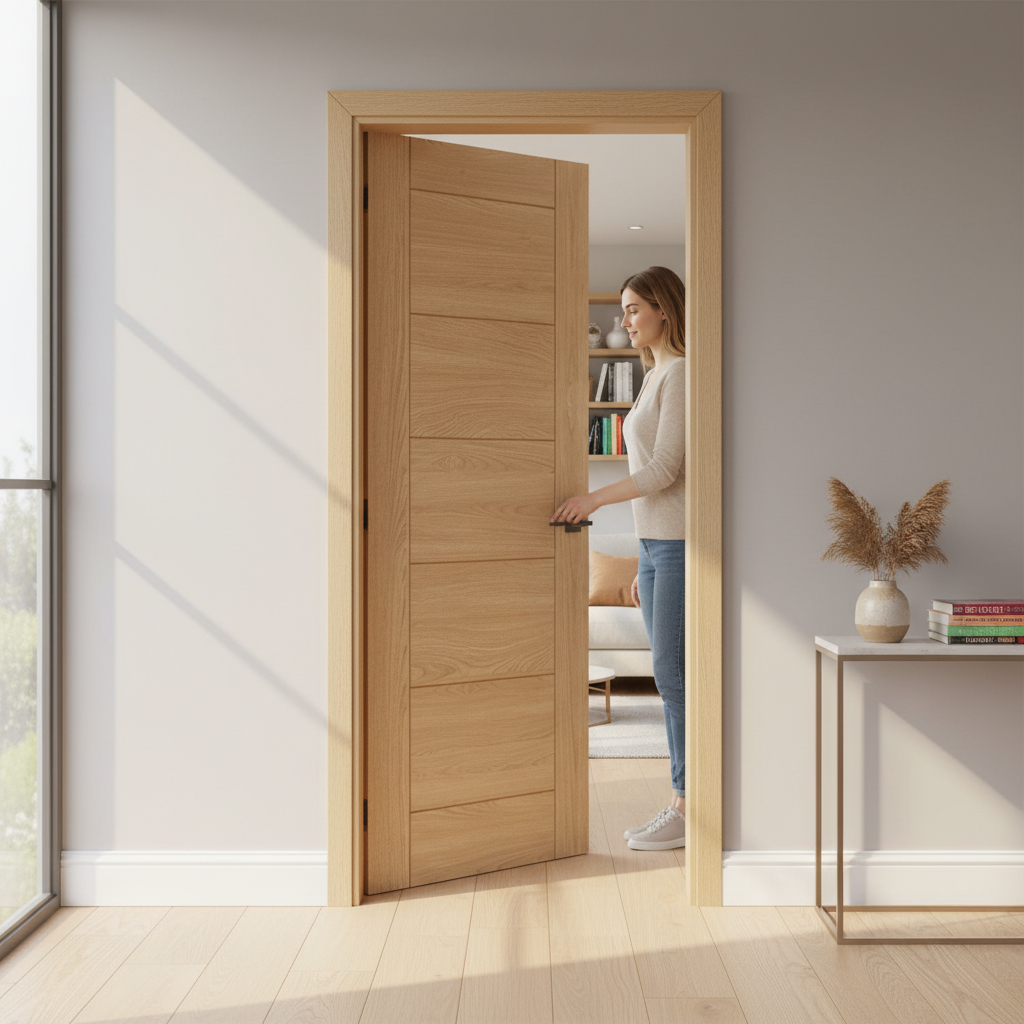 Premium Oak Internal Door with Horizontal and Vertical V Grooves, Solid Core, Fire Door Options Available, Fully Finished