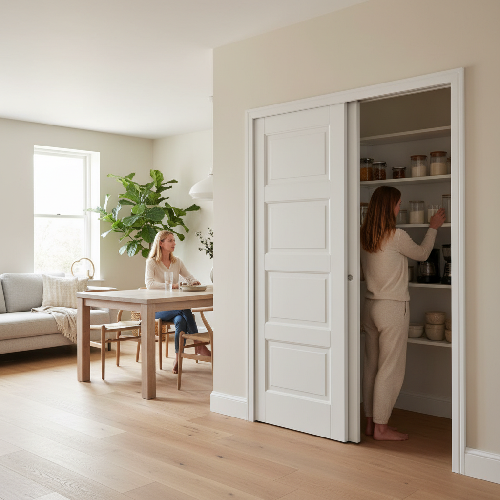 Premium Solid White Contemporary 4P Telescopic Pocket Door System with Timber Lining Kit and Maintenance-Free Track