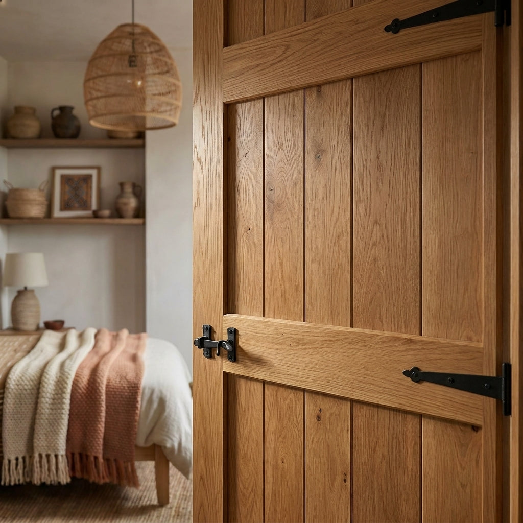 Solid Rustic Oak Internal Door, Unfinished, 3 Ledged Design - detail view
