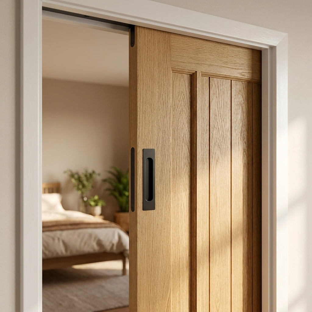 Pocket Door Set 100mm Unfinished Oak Internal 3 Panel Framed - detail view