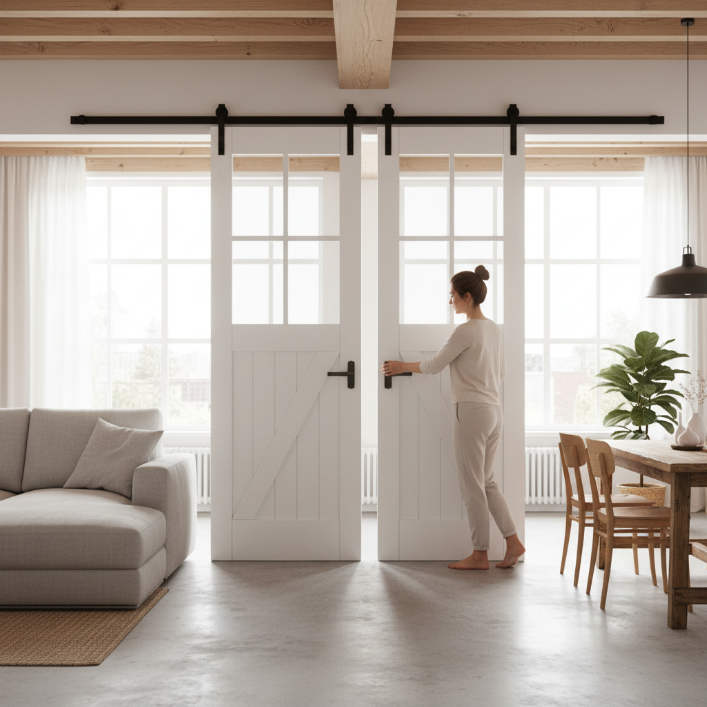 Premium Internal Barn Style Room Divider Set with 4 Clear Glass Panels and White Primed Frame Kit for Stylish Separation