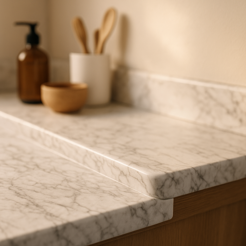 Rounded Edge Upstand in Marmo Bianco, 3000mm Length - detail view
