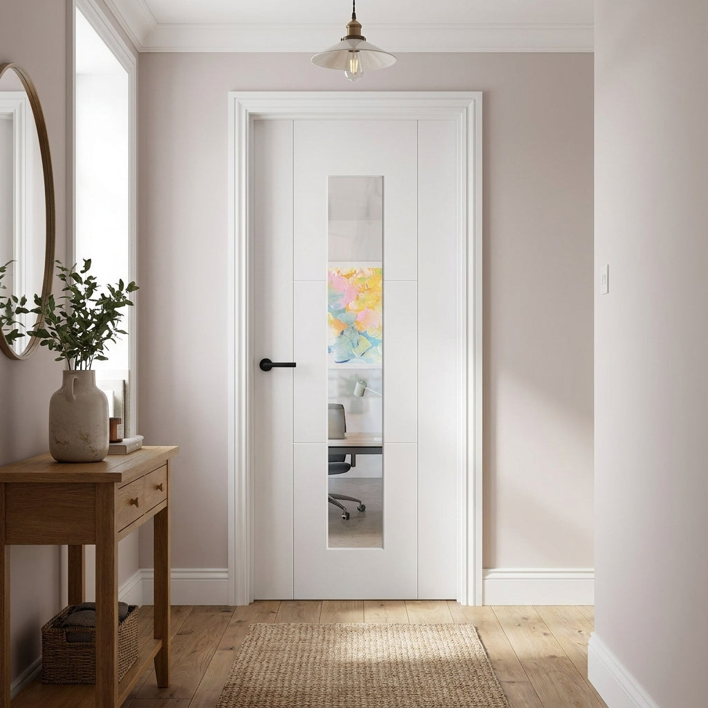 Internal White Door with 1 Light Clear Glass, Primed Finish, Semi-Solid Core