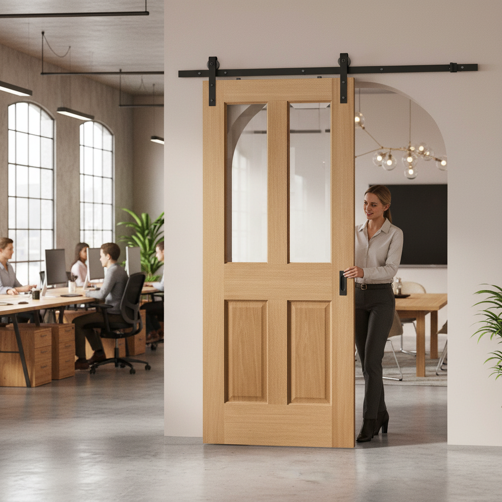 Premium Internal Unfinished Traditional Victorian Sliding Door with Clear Bevelled Glass Panels and Black Sliding Track - Image 2