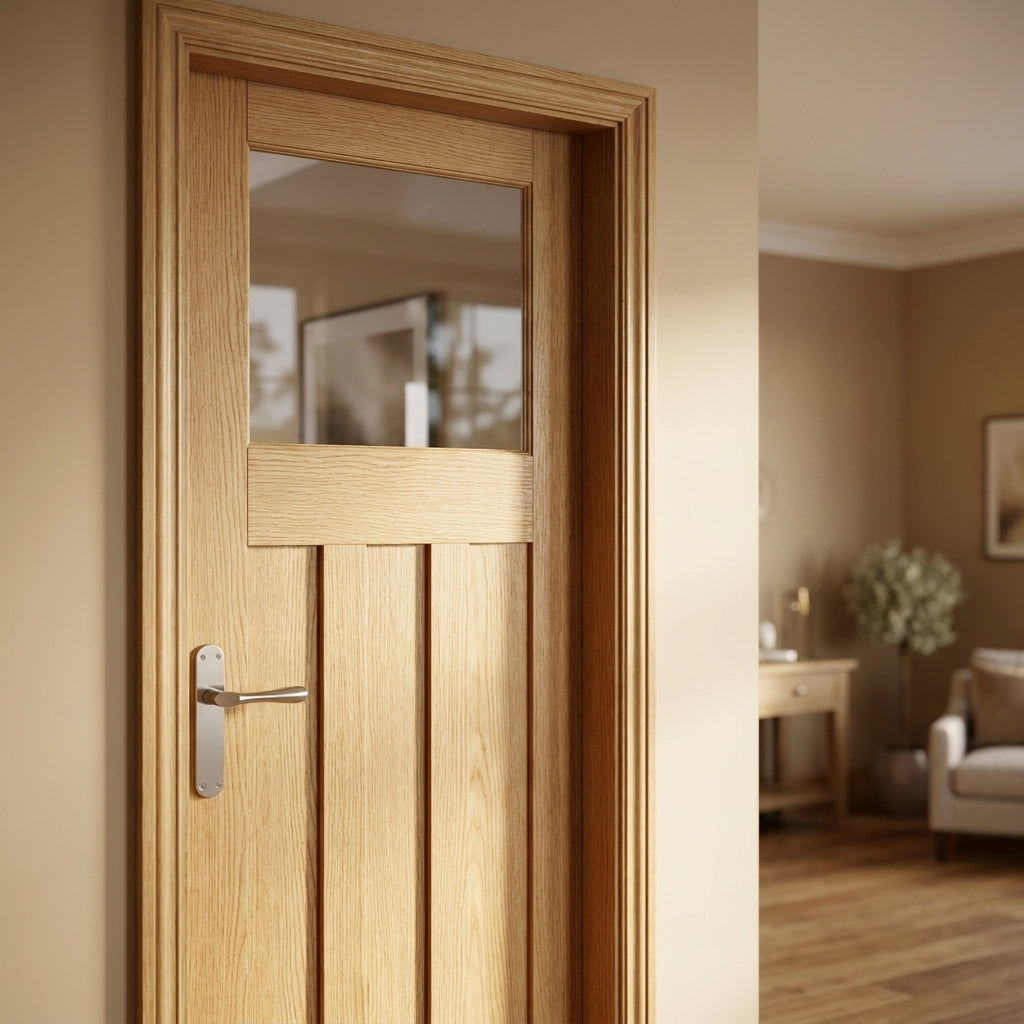 Internal Oak Door Fully Finished FD30 Fire Rated 1930's 3 Panel with Clear Glass - detail view