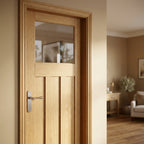 Internal Oak Door Fully Finished FD30 Fire Rated 1930's 3 Panel with Clear Glass - detail view