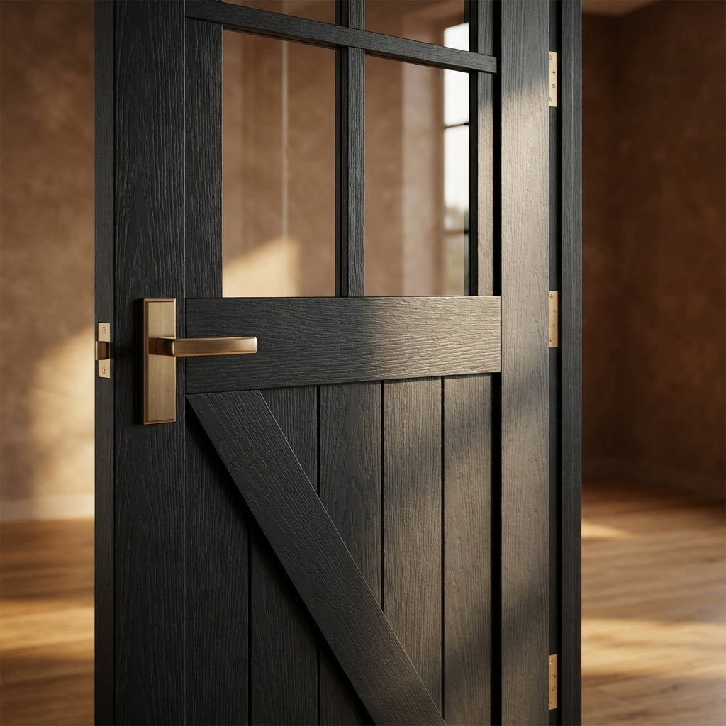 Black Internal Fully Finished Oak Barn Door with Clear Glass - detail view