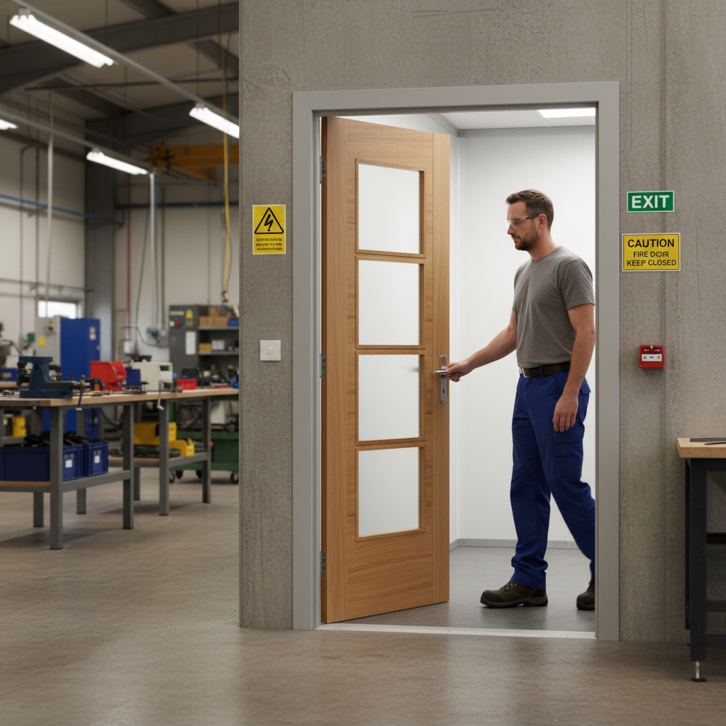 Premium Contemporary Oak 4 Light Glazed Fire Door with Engineered Construction and Clear Fire Rated Glass