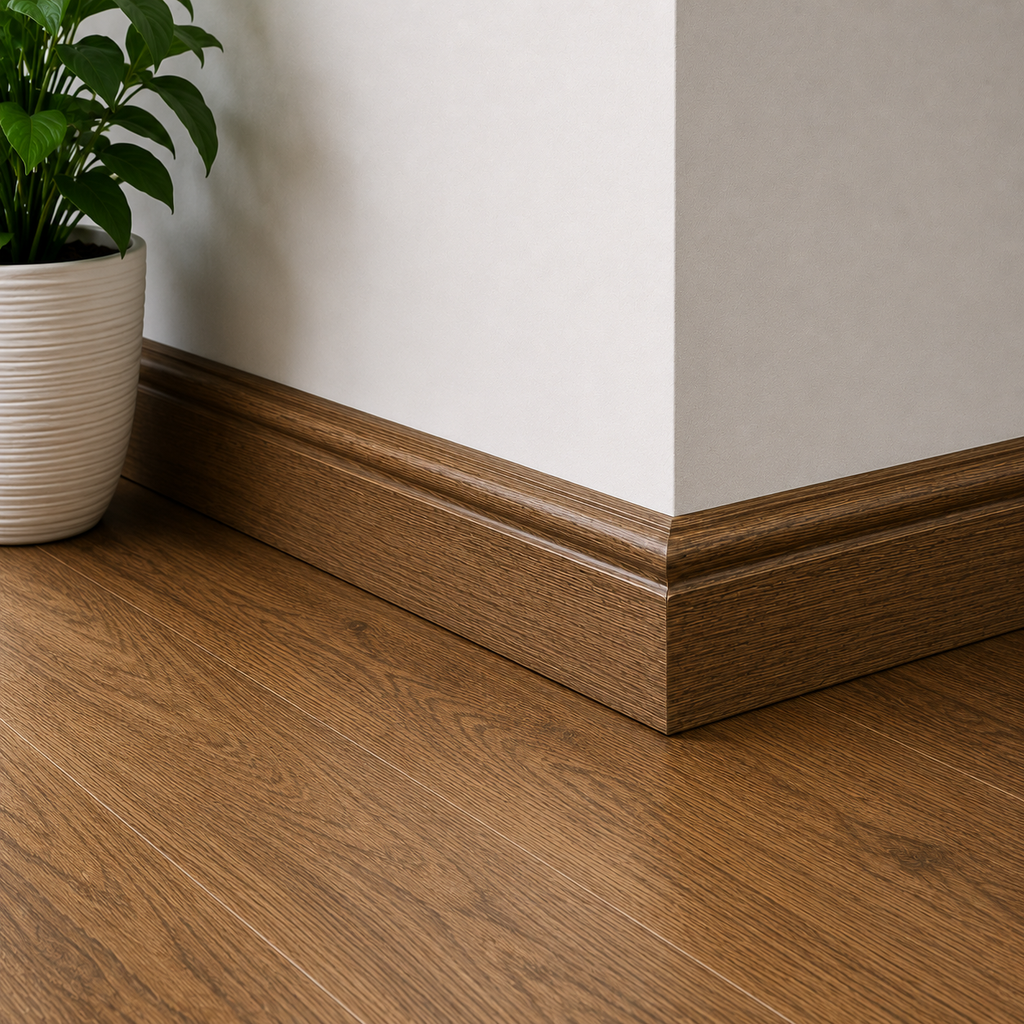 Laminate Skirting Board Dark Oak 2400mm x 15mm, Torus Profile 63-116mm