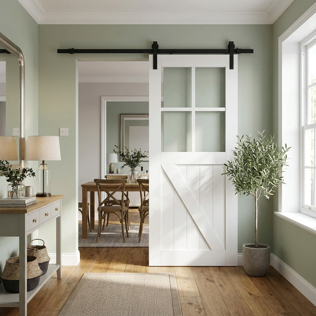 Internal White Primed Barn Sliding Door with 4 Light Clear Glass - Solid Core
