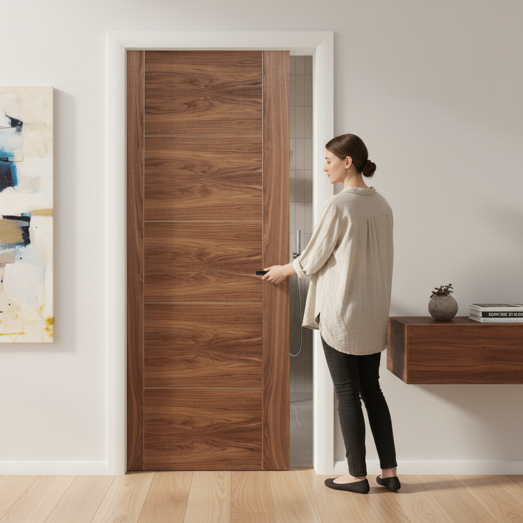 Premium Contemporary Walnut Pocket Door Set with Galvanised Steel Frame and Adjustable Features for Modern Interiors