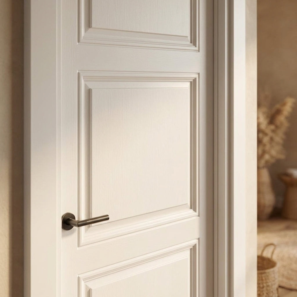 Internal White Door 3 Panel Smooth Shallow Groove Primed Finish - detail view