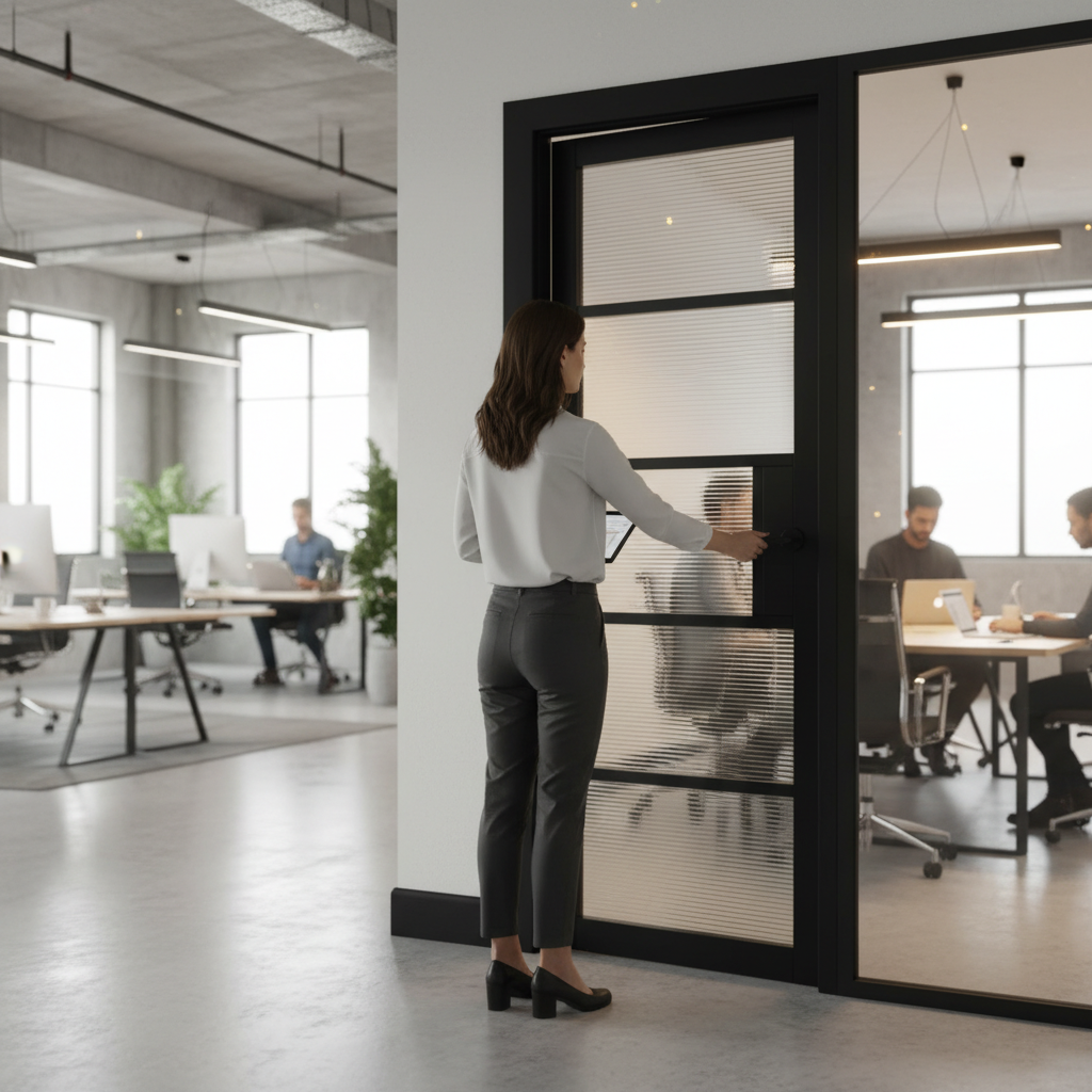 Premium Industrial Style Reeded Glazed Door with Solid Framing and Black Finish for Modern Interiors