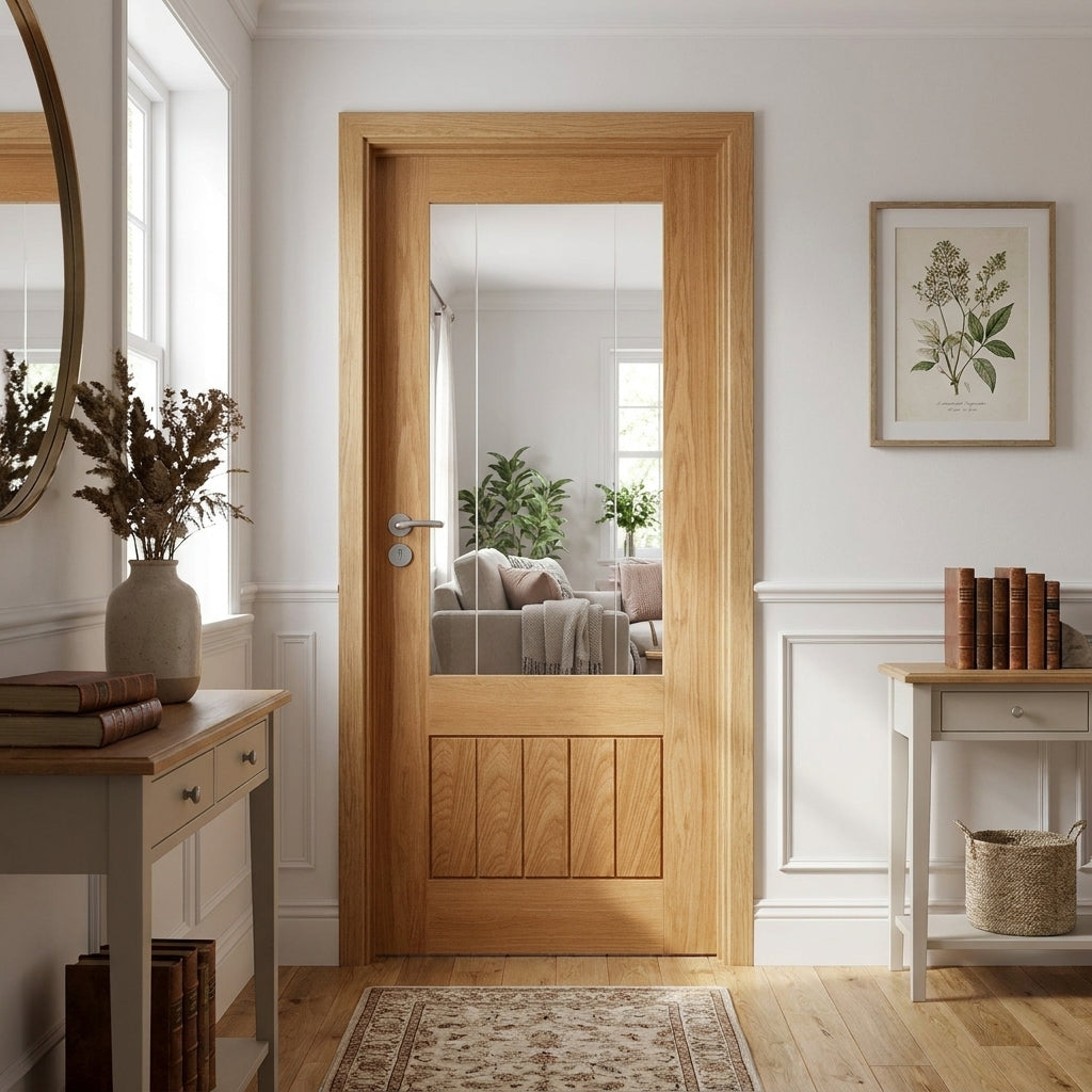 Internal Oak Door Fully Finished with 1 Panel, 1 Light Obscure Glass