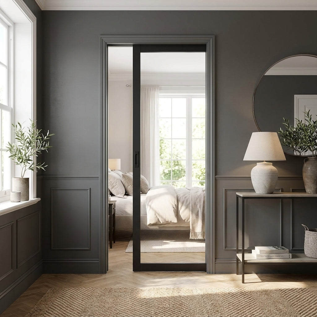 Internal Pocket Door Set 100mm with Clear Glass, Fully Finished Black Industrial Design