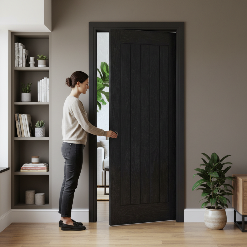 Premium Brushed Black Oak Pocket Door Set with Adjustable Frame and 35mm Thickness for Seamless Interior Design