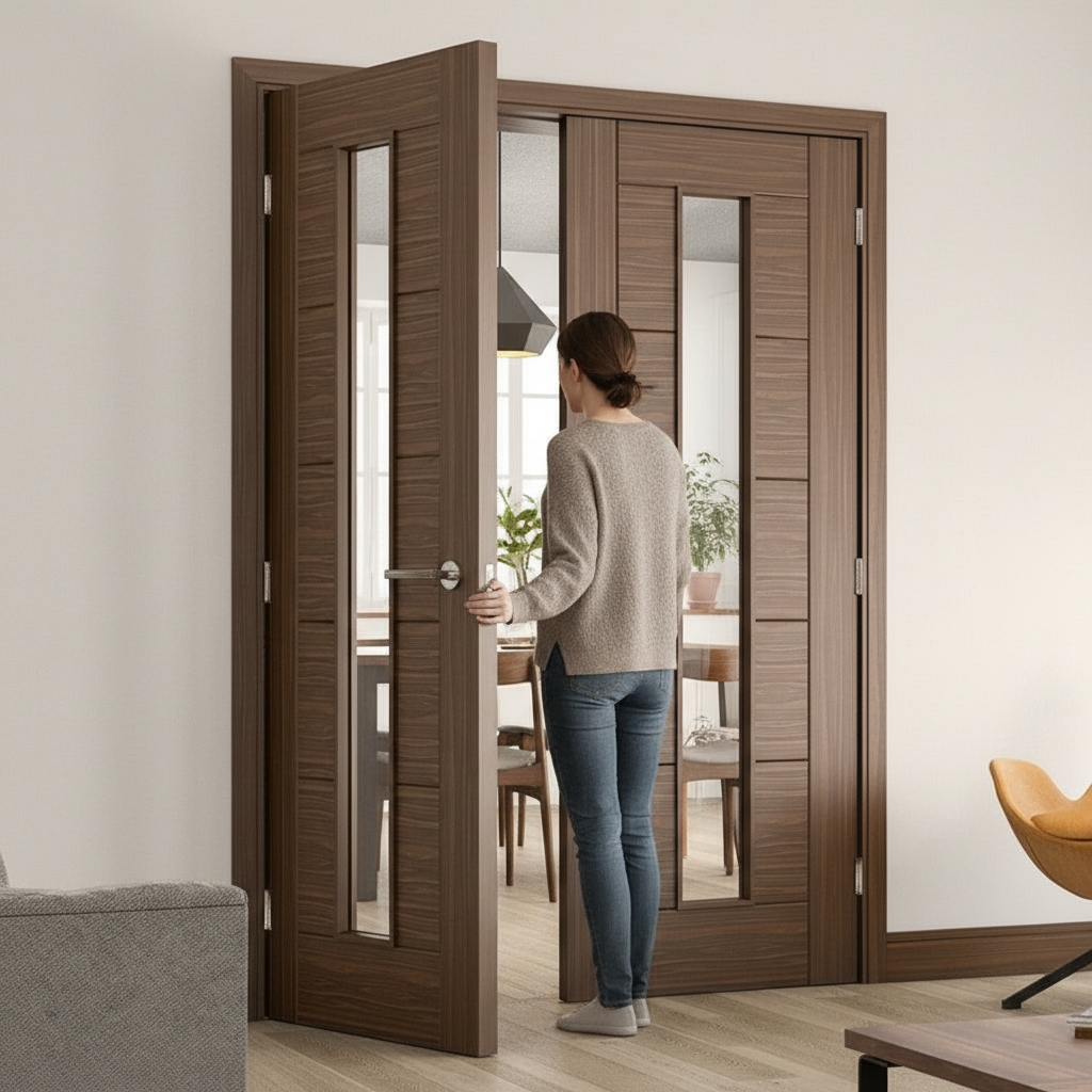 Premium Clear Glazed Internal Door Pair Crafted from North American Walnut with Solid Core and Toughened Glass