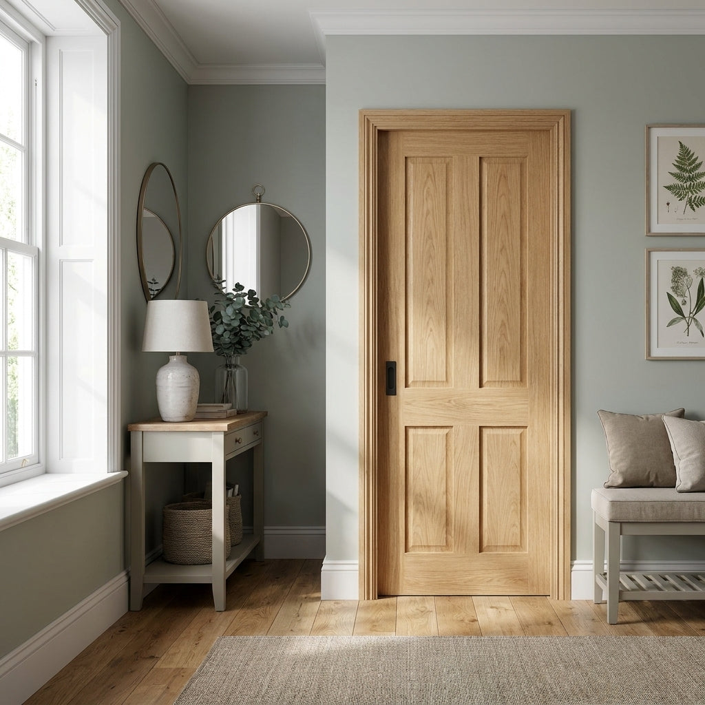 Pocket Door Set Oak Unfinished Victorian 4 Panel Flat Frame 100mm Internal