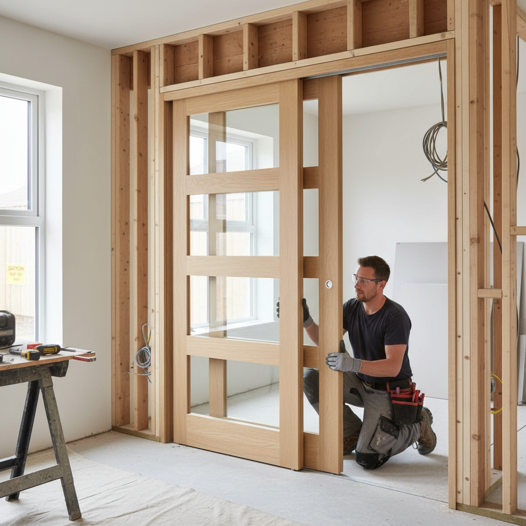 Premium Contemporary 4L Clear Glazed Telescopic Pocket Door System with Wooden Jamb Kit for Modern Interiors