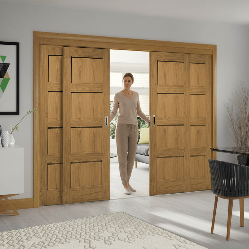 Premium Sliding French Doors with Oak Finish and Fixed End Panels for Space-Saving Room Division