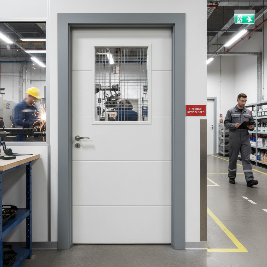 Premium Moulded Horizontal 4 Line Fire Door - White Primed, Contemporary Design with Solid Core for Enhanced Safety