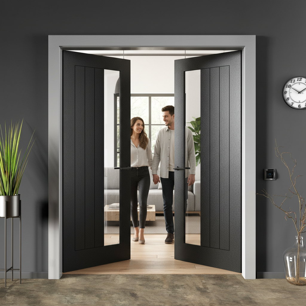 Premium Fully Finished Oak Pair Door with Offset Clear Glass Pane - 35mm Thickness for Modern Interiors - Image 2