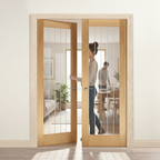 Premium Oak French Doors with Frosted Lines and Clear Glazed Panels for Elegant Interiors
