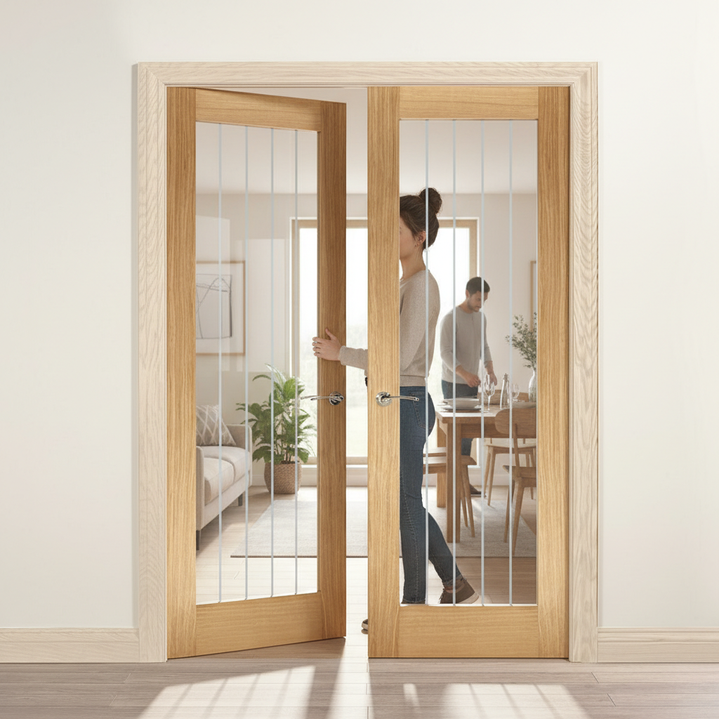 Premium Oak French Doors with Frosted Lines and Clear Glazed Panels for Elegant Interiors