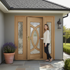 Premium Oak Grand Entrance Doors with Double Glazing and Leaded Lights - Kit with Sidelights and Frame