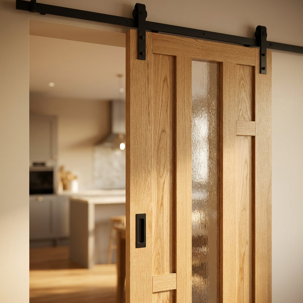 Oak Internal Door Fully Finished 4 Panel Clear Glass Sliding Black Face Mounted - detail view