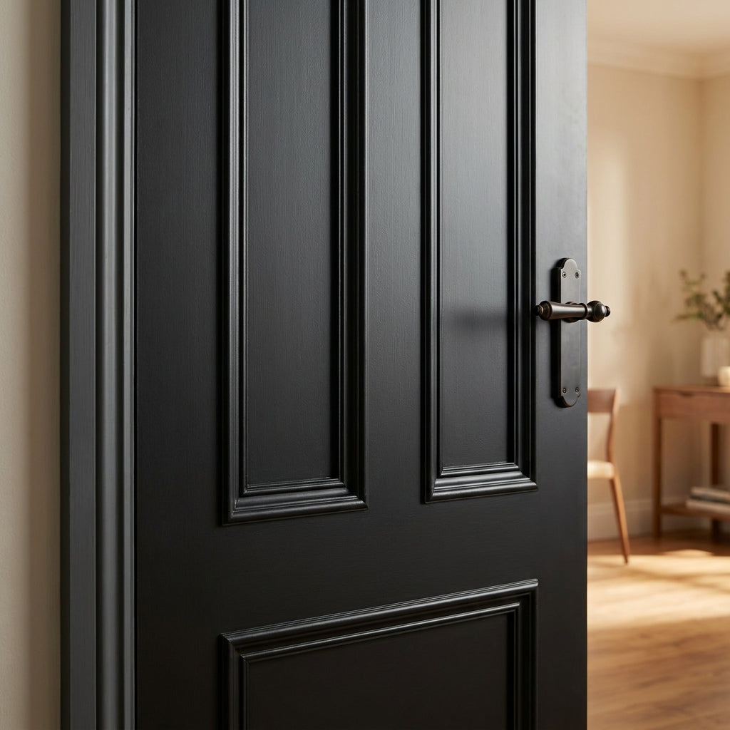 Internal Black Door Fully Finished, 3 Panel Design, Jet Black - detail view