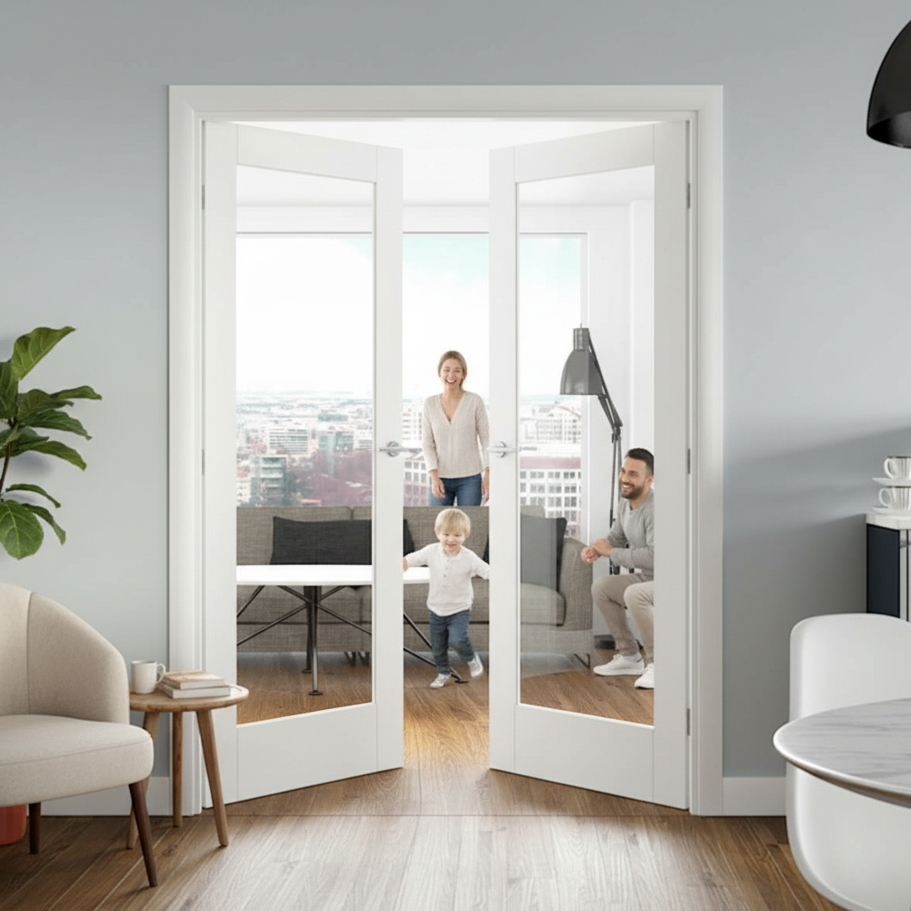 Premium Offset French Doors with Glazed Clear Glass and Matching Demi Panel - Custom Sizes Available