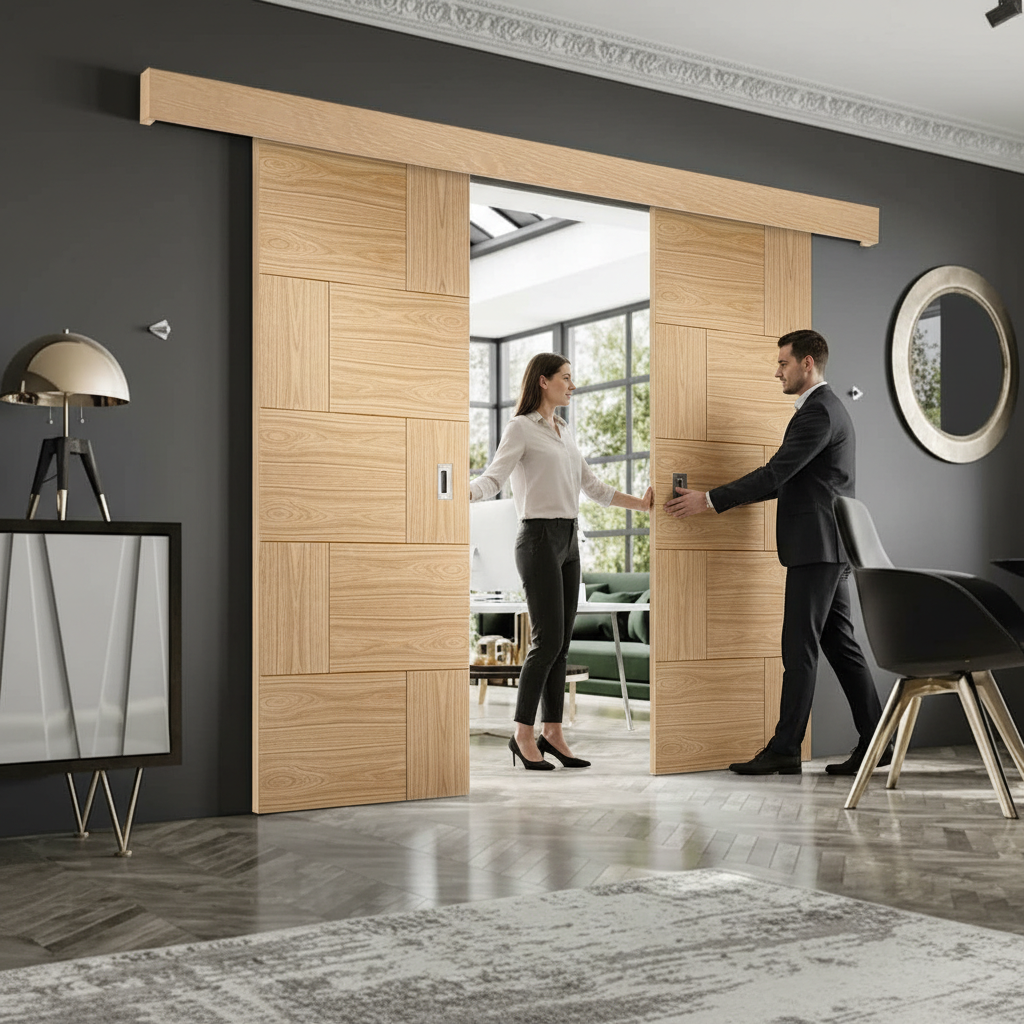 Premium Double Sliding Door System with Oak Pelmet and E-Glide Mechanism for Smooth Operation