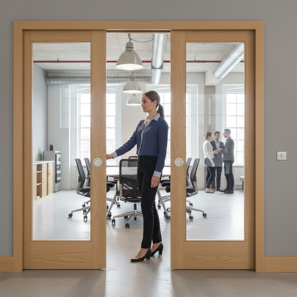 Premium Clear Glazed Double Fire Rated Pocket Door Set with Galvanised Steel Frame and Adjustable Features