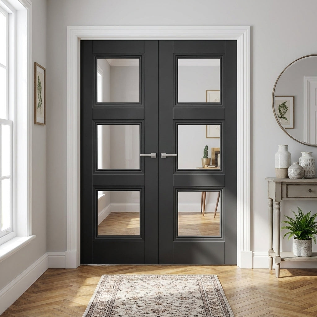 Internal French Door with 3 Light Clear Glass, Black Primed, Solid Core