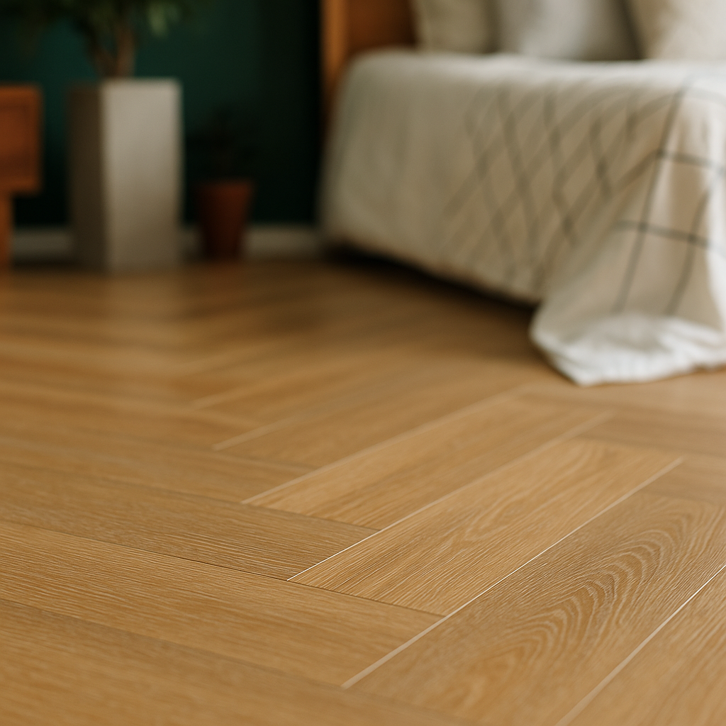 Herringbone Rigid Core LVT Flooring in Natural Oak - 5.5mm Thickness - detail view