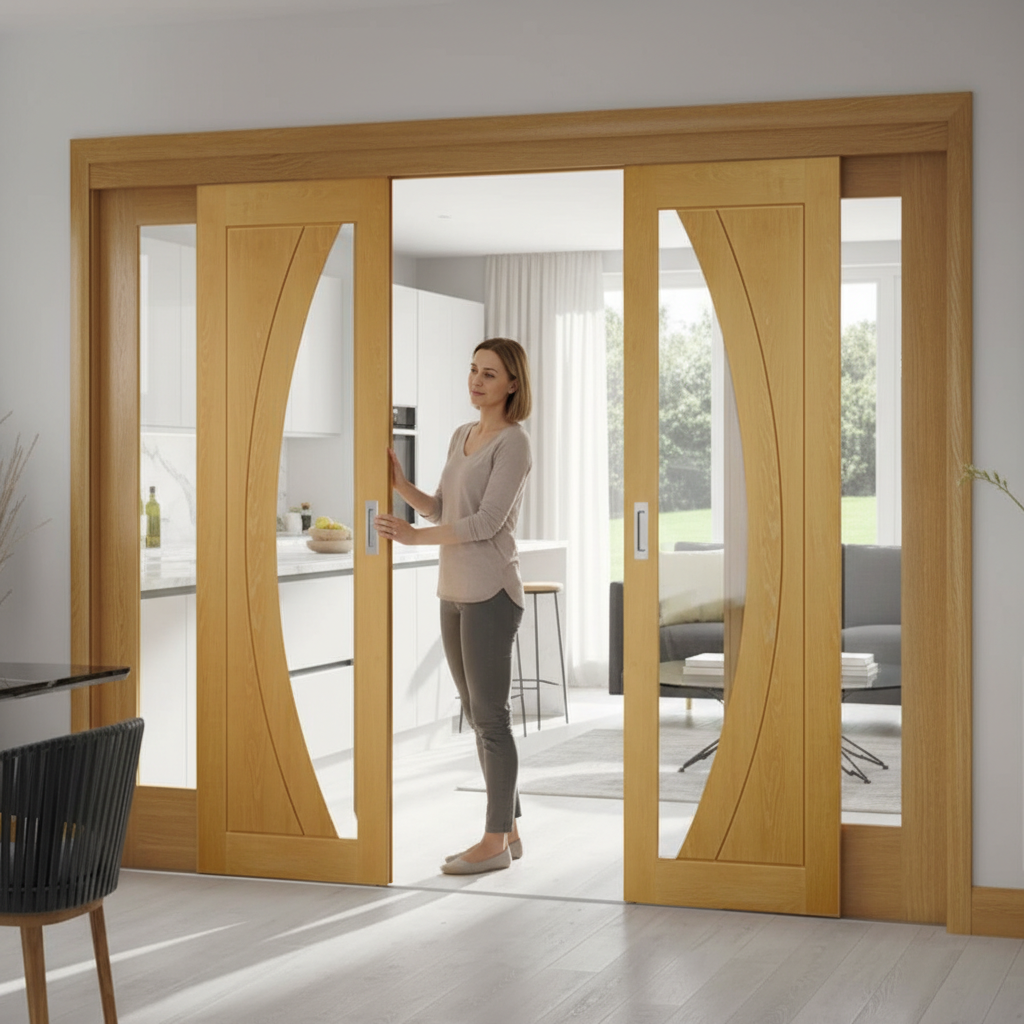 Premium Sliding Oak Room Divider with Glazed French Doors and Fixed Panels, Customizable Sizes and Configurations