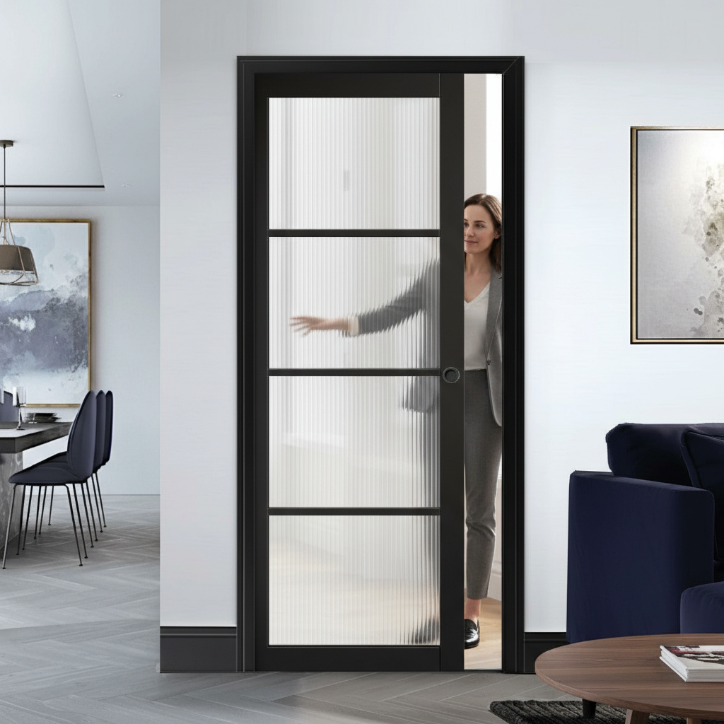 Premium 4L Reeded Glazed Pocket Door Set with Galvanised Steel Frame and Adjustable Jambs