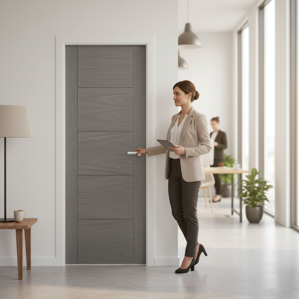 Premium Ash Grey Internal Fully Finished 5 Panel Door with Solid Core and Customisable Fit