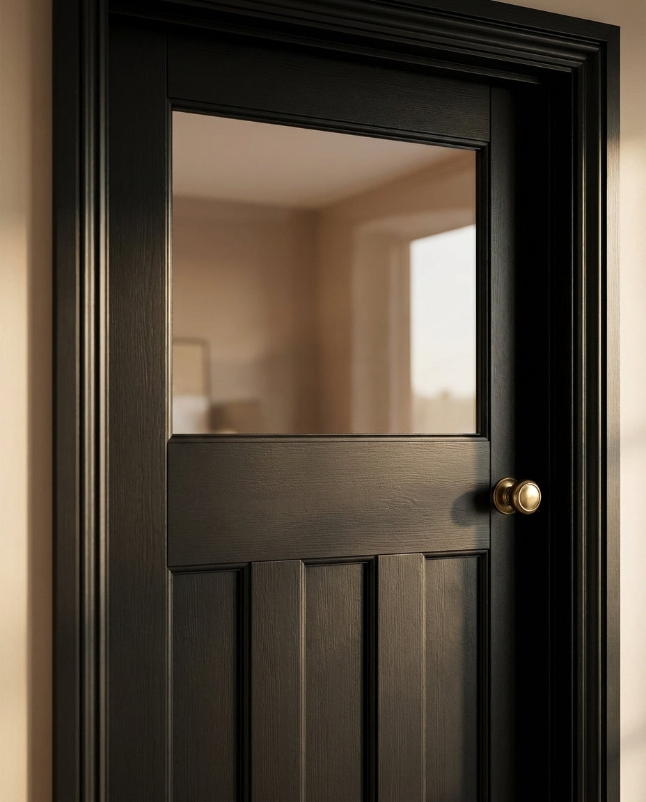 Internal Black Oak Door with Clear Glass, Fully Finished, Solid Core - detail view