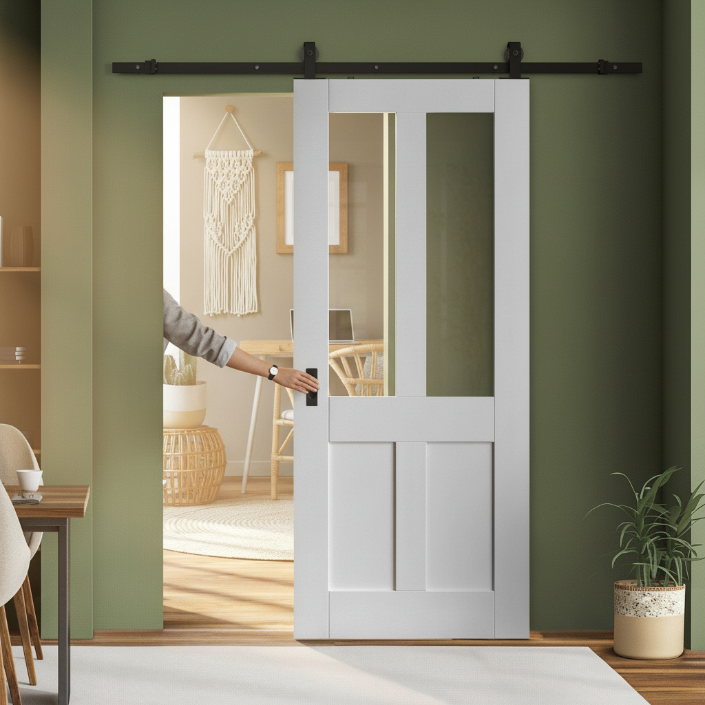 Premium White Primed Internal Victorian 2 Panel Clear Glass Sliding Door with Black Top Mount Kit for Elegant Home Design