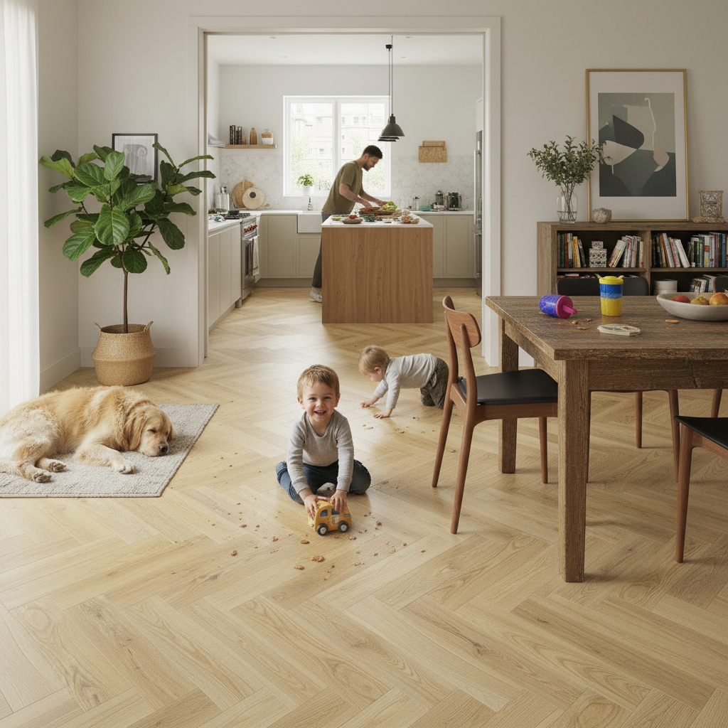 Herringbone 5mm Purecoat Rigid Core Vinyl Flooring with Durable Wear Layer and Angle-Drop Click Installation System - Image 2