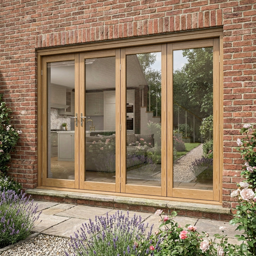 External Folding Patio Door Set 3+1 Oak Fully Finished with Toughened Glazing
