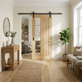 Oak Internal Sliding Door Unfinished 1 Light Clear Glass Offset Black Top Mounted